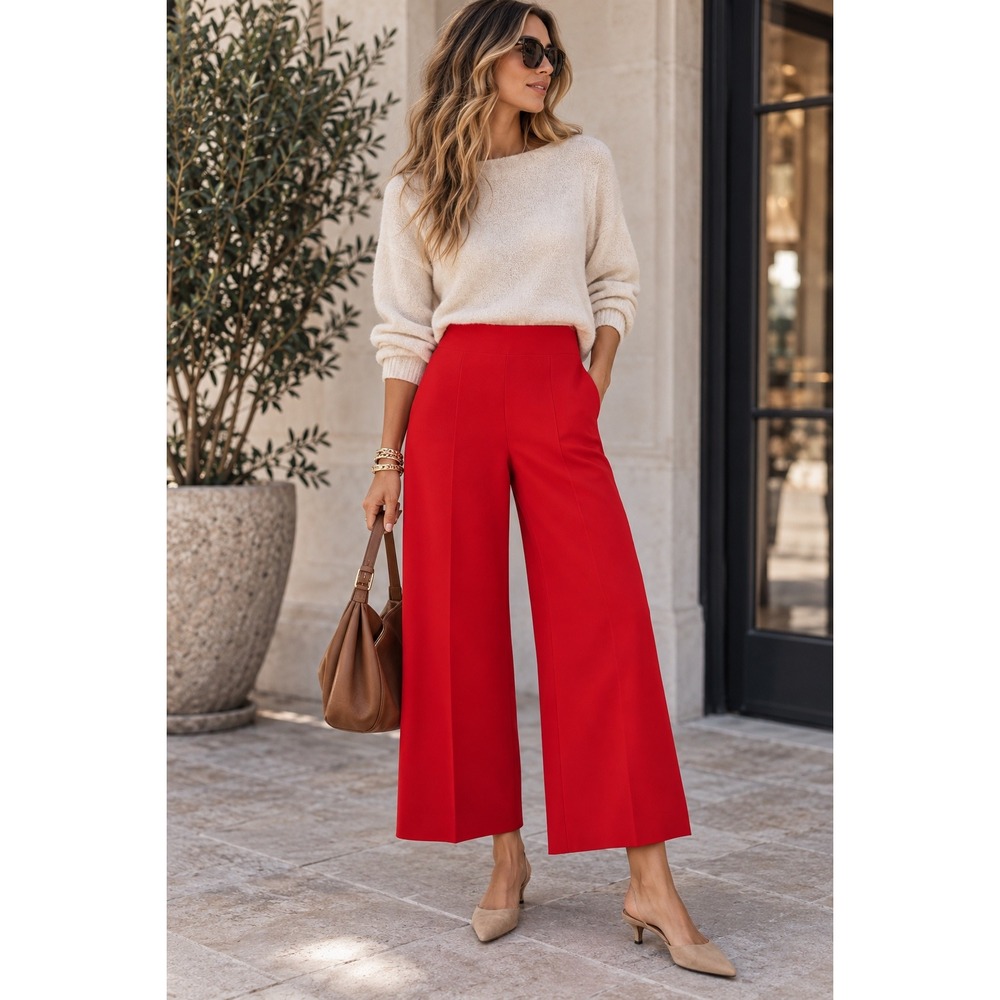 Zara Red High Waisted Wide Leg Culotte Pants Size S Side Zip Stretch Trousers